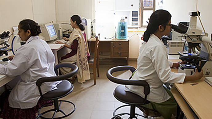Scientists in a lab looking into microscopes and at computers